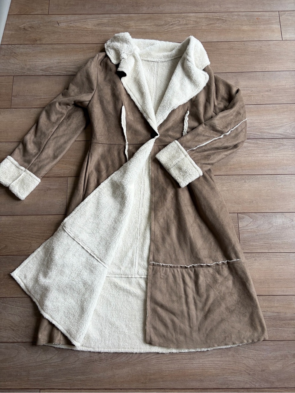 SHEIN Taupe Faux Suede Trench Coat with Cream Shearling